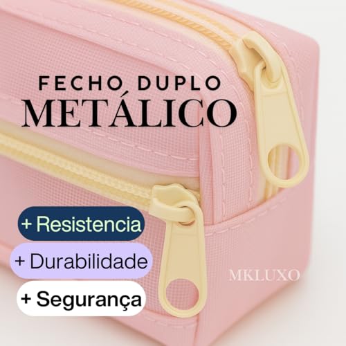 Estojo Escolar 2 Divisoria de Nylon Grande Transparente Organizador Material Lápis Caneta Borracha Papelaria Fofa Compartimento Fecho Metalico Volta as Aulas Box Necessaire Menino Menina (Rosa)