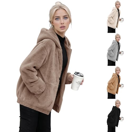Light Weight Fleece Jackets for Women Uk - Soft Sherpa Zip Up Hoodie Coat with Pockets, Warm Plush Teddy Outerwear for Autumn Winter, Casual Hooded Jacket for Everyday Comfort