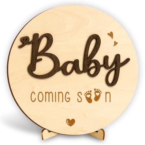 Woodamore Baby Coming Soon Announcement - Wooden Double-Sided Pregnancy Sign for Hospital, Welcome Hello World Newborn, Name Birth