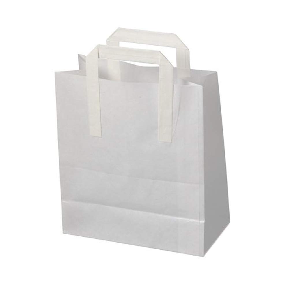 50x White Paper Carrier Bags with Flat Handles - 25cm x 30cm x 14cm