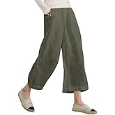 ECUPPER Womens Linen Cropped Pants Loose Casual Capri Cotton Wide Leg Plus Size Elastic Waist with Drawstring Trouses