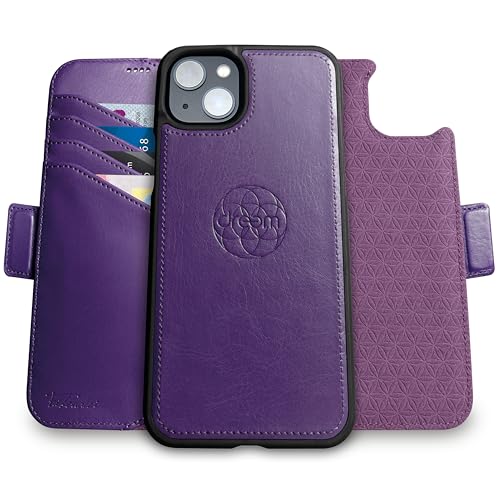 Dreem Lederhülle für iPhone 15 - Revolutionärer Ständer & Kartenfach, Abnehmbare Magnetische Hülle, MagSafe-Ready, RFID-Blocker, Wallet-Case aus Vegan