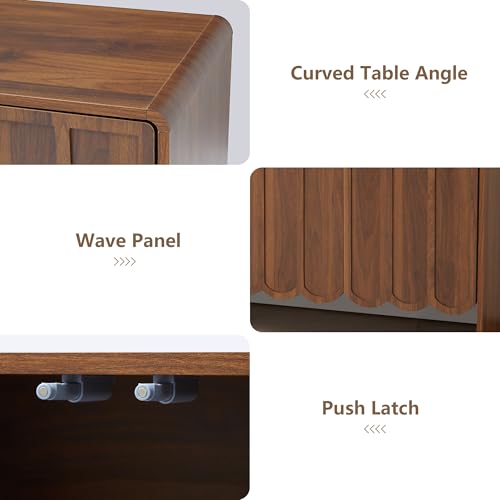 Sideboard Buffet Cabinet, Accent Storage Cabinets with 4 Doors, Farmhouse Wood Cabinet with Adjustable Shelves and Wave Panel for Living Room, Dining Room, Entry - Walnut