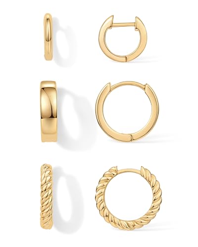 PAVOI 14K-18K Yellow Gold Plated Sterling Silver Posts Three Pairs Small Hoop Earrings for Women - Statement Gold Hoop Earrings Set - Cubic Zirconia Rope Teardrop Chunky Huggie Earscape Piercings