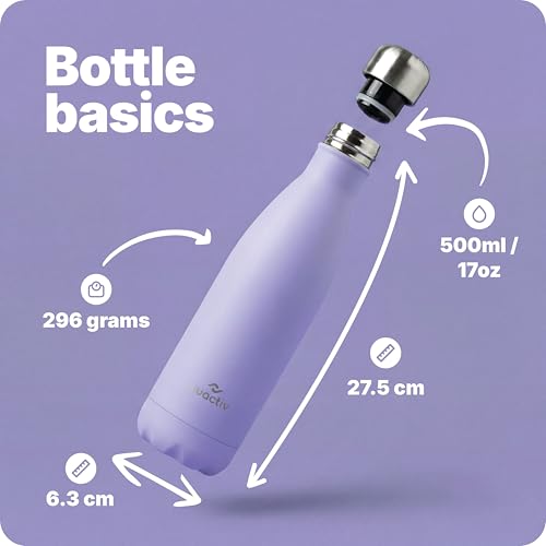 Nuactiv Stainless Steel Water Bottle 500ml, Vacuum Insulated Metal Flask, Leakproof, BPA Free, Reusable Sports Flask, Keeps Drinks Cold 24h & Hot 12h, for Gym, Travel, Work & School