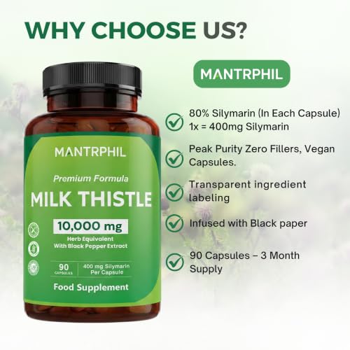 Milk Thistle High Strength 10000mg | 400mg Silymarin per Capsule | 90-Day Supply | with Black Pepper | Vegan Herbal Food Supplement | Lab Tested