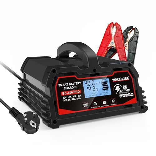 Car Battery Charger 40A/20A 12V/24V 20A/10A Car Battery Charger Fully Automatic Smart Charger with LCD Display, Chargers for 12V LiFePO4 Battery, Black