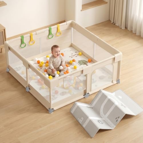 KUQAZ Beige Parc Bebe avec Tapis - 150x150cm Parc Enfant Sécurisé, Aire de Jeu Carrée en Tissu Oxford, Filet Respirant 360°, Structure Stable avec Puissantes Ventouses et 4 Anneaux