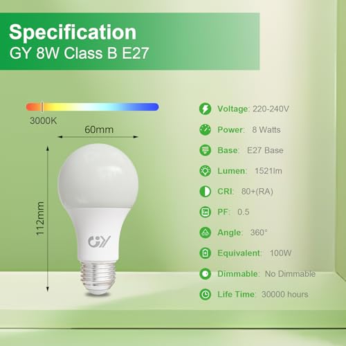 GY E27 LED Warm White Light Bulb, 8 W 1521 LM Energy Saving Bulb, Replaces 100 W Bulbs, Energy Efficiency Class B, A60 LED Warm White, Beam Angle 360° Bulb, Not Dimmable, Pack of 6