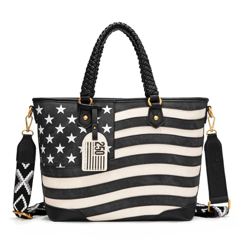 Montana West American Flag Tote Bag for Women Vintage Patriotic Western Shoulder Purse with Braided Top Handles