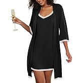 Ekouaer Women's Nightgown and Robe Set 3/4 Sleeves Robes 2 Piece Bathrobe Set V-neck Lace Cami Sleepwear with Pockets S-2XL