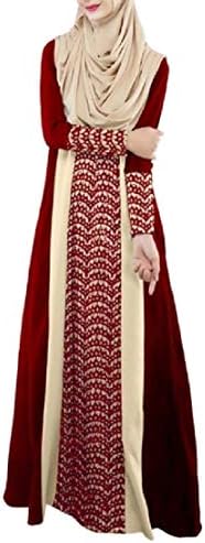 Wofupowga Women's Long-Sleeve Turkish Gown Stitching Muslim Dresses
