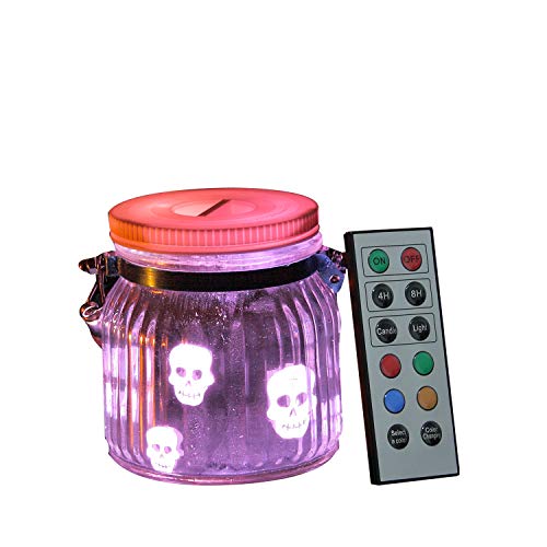 CANDLE CHOICE Mason Jar Light Indoor Outdoor Jar Light Battery Operated Lantern with Remote and Timer Halloween Light, Skull