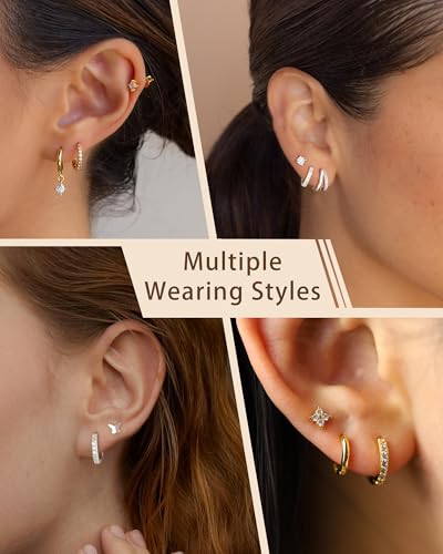 Halora 3 Pairs 925 Sterling Silver Studs Hoop Earrings Set for Women 14K Gold Earring Stacks Hypoallergenic Cartilage Earring Sets for Multiple Piercings Jewellery Valentines Gifts