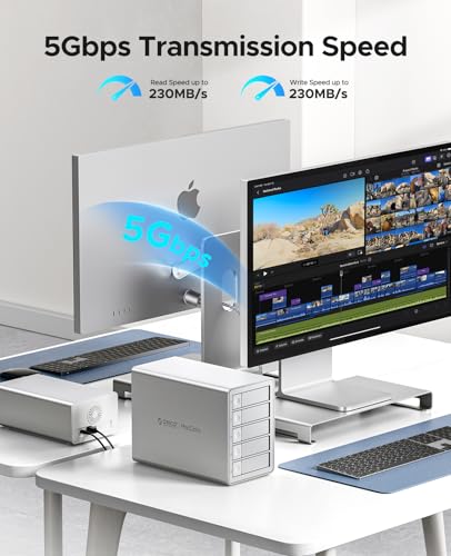 ORICO RAID Enclosure 5 Enclosure for 2.5/3.5 Inch SATA HDD/SSD Hard Drives Up to 5 x 22TB, USB 3.0 Aluminium Hard Drive Docking Station, Supports RAID 0/1/5/10/PM (9958RU3)