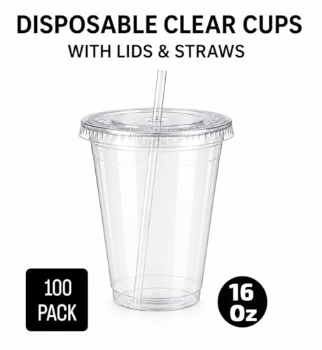 Disposable plastic glass 100 Pack 16 oz Plastic Iced Coffee Cups with Flat Lids and Straws, Disposable Clear Cup, BPA Free Cup for Party, Smoothie, Cold Drinks, Juice, Milkshake, Tea