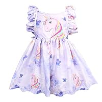 LingQiShiZu Little Girls Unicorn Rainbow Dresses Summer Floral Print Sleeveless Party Sundress Toddler Clothes 7T/7-8 Years Purple 36007