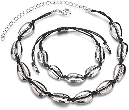 SHIWE Shell Necklace Choker and Anklet Bracelet Set for Women Girls Adjustable Boho Cowrie Shells Beads Rope Handmade Fashion Jewelry