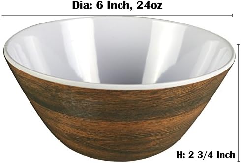 6 Inch Melamine Cereal/Pasta Bowls, Set of 4 Wood Grain Design, 22-OZ