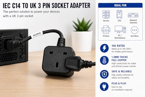 DKURVE® IEC C14 Male Plug to UK PDU/UPS Power Extension Cable,Quality UPS Power Cable IEC320 C14 Male Plug to UK 13A Female Socket, Connect C13 Adapter Lead Cord for PDU UPS 13A 250V (30CM)