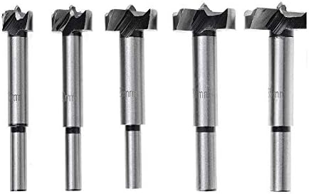 5pcs Forstner Drill Bit Set Metric Size 15/20/25/30/35MM Carbide Steel Titanium Coated, Long Round Shank Tipped Woodworking Boring Hole Saw Cutter for Wood Plastic Plywood