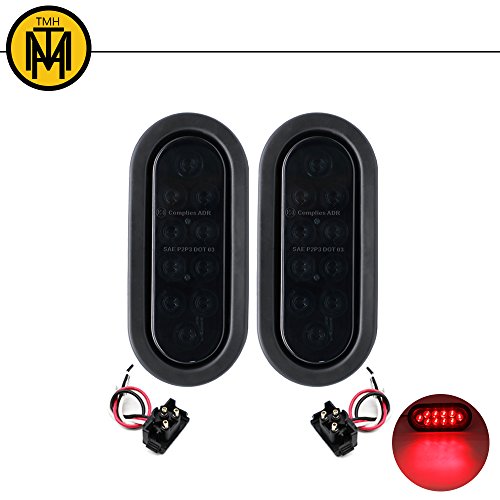 TMH ( Pack of 2 ) 6″ 10 LED Smoked Lens Oval Flush Mount Red Stop Turn Signal Brake Marker Tail LED Light for Truck Trailer RV Bus 12V Rubber Grommet & Plug Included