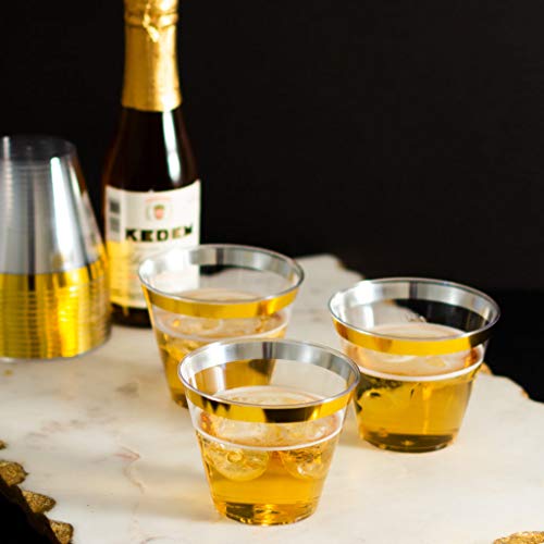Plastic-Rim-Cups-9-oz-Gold-Old-Fash-Cups-100-Pcs