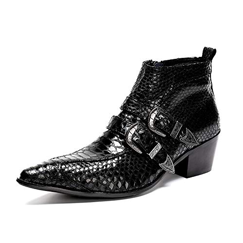 Hishoes Men's Premium Genuine OX Leather High Top Oxfords Gentlemen Snakeskin Texture Pointed Toe Party Dress Shoes with Dual Belt Buckle Anti-Slip (Color : Black, Size : 10 D(M) US)