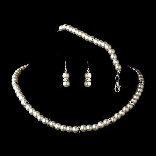 JustForBridal Bridal Pearl Ivory Necklace Sets Rhinestone Silver Breaks Women Jewelry