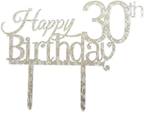 Glitter Silver Acrylic Happy 30th Birthday Cake Topper, 30 Birthday Party Cupcake Topper Decoration (30, Silver)