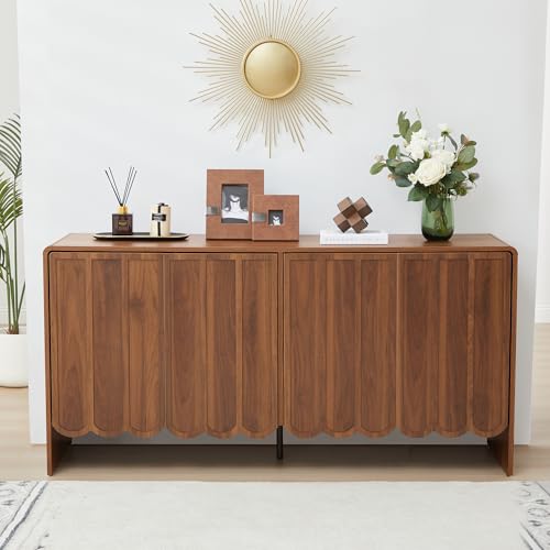 Sideboard Buffet Cabinet, Accent Storage Cabinets with 4 Doors, Farmhouse Wood Cabinet with Adjustable Shelves and Wave Panel for Living Room, Dining Room, Entry - Walnut