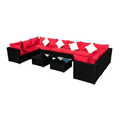Outdoor Wicker Patio Furniture Set Large Sectional Red Cushioned Black