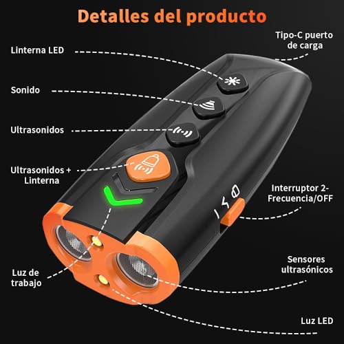JESWO Ahuyentador de Perros Ultrasonico de 33FT, Alardog para Perros con 2 Ultrasónico Sensors + 2 Linterna LED, Cuatro Modos de Ultrasonidos/Sonido/Linterna LED/Ultrasonidos+Linterna, Recargable