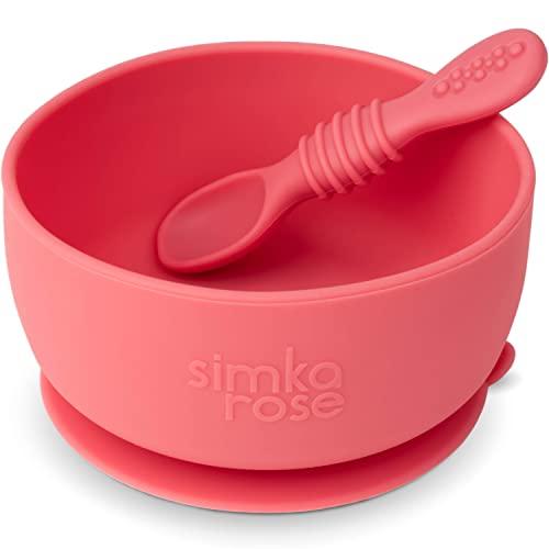 Simka Rose Baby Bowl and Spoon Set, Suction Bowls for Toddler, BPA-Free Silicone, Dishwasher and Microwave Safe Feeding Supplies