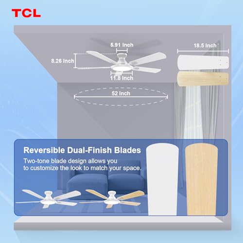 TCL Ceiling Fans with Lights, 52 Inch Low Profile Ceiling Fan with Light and Remote Control, Flush Mount, DC Reversible Motor, Noiseless, 6 Speeds Ceiling Fan for Bedroom (White)