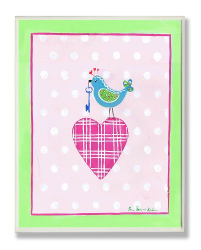 The Kids Room by Stupell Blue Bird Perched on Pink Plaid Heart Rectangle Wall P…