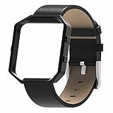 Henoda for Fitbit Blaze Bands Leather and Frame,Large Black Blaze Band for Women
