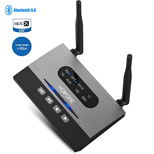Hosome 80M Long Range Bluetooth 5.0 Transmitter Receiver, 3-in-1 Wireless 3.5mm Audio Adapters Bluetooth Receiver Aptx HD Low Latency,Optical and RAC Cable for TV PC Home Stereo System