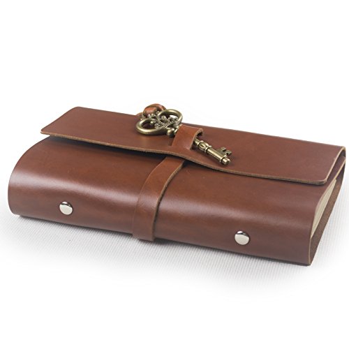 ANCICRAFT Vintage Soft Genuine Leather Journal Diary Notebook Refillable with Key 6-ring Binder Lined Craft Paper A6 (Red brown with key)