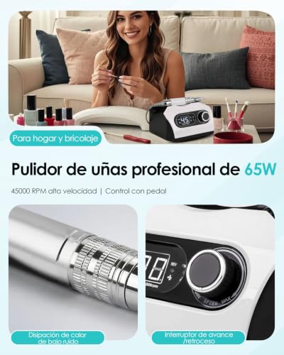 CozyZen Lima Eléctrica de Uñas Profesional 35000 RPM con Pedal | Máquina de Lijado de Uñas Enchufable con Pantalla LED, Control de Velocidad, 6 Fresas para Acrílico, Gel, Hogar y Salón