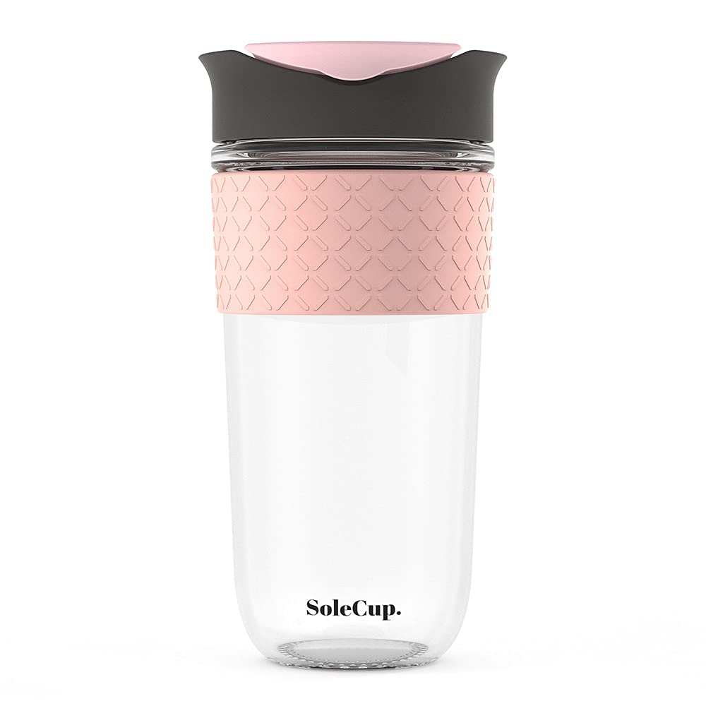 SoleCup. - Reusable Strengthened Glass Travel Cup - Spill Proof Coffee Mug - 18oz/530ml BPA-Free Hot Drink Travel Mug with Lid & Silicone Band (Grey and Pink, 18oz / 530ml)