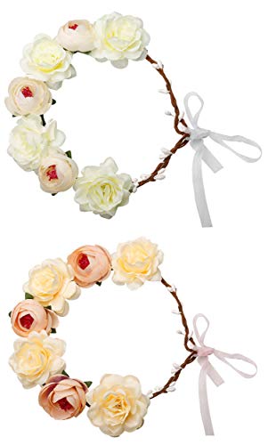 Thunaraz Women Boho Floral Crown Hair Wreath Flower Headband with Adjustable Ribbon Halo Festival Wedding Party