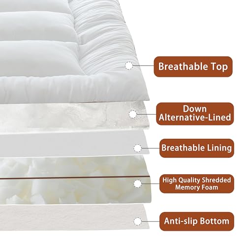 WhatsBedding 3 Inch Memory Foam Mattress Topper Queen Size, Supportive Fluffy Shredded Memory Foam Filled Pillow Top, Extra Soft Bed Topper, 60x80 in, 1700 GSM Fill