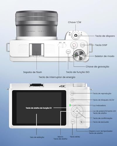 Câmera Digital 4K 64MP Branca com Zoom Óptico 12X, Tela Flip Touch 2.88" para Selfie e Vlog, Flash LED, WiFi, Câmera Compacta para Iniciantes e Criadores de Conteúdo