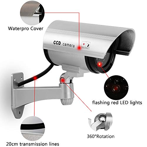 Fake Dummy Security Camera, Spessn Outdoor CCTV Surveillance System Realistic Red LED Light (Silver)