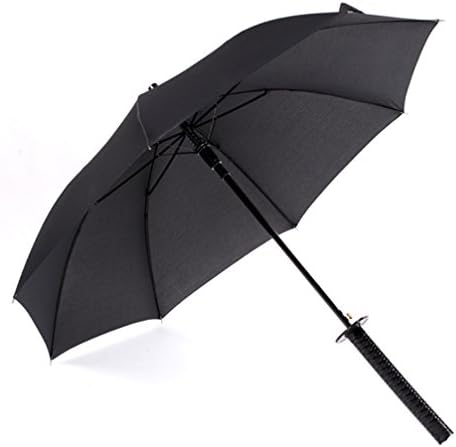 17Rainbow Long Handle Samurai Sword Katana Handle Umbrella Semi-automatic Pongee Rain Sun Umbrella with 8 Ribs, Black