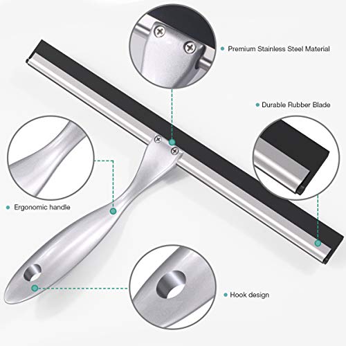 LPOLER Shower Squeegee, Stainless Steel Bathroom Squeegee Cleaner with Detachable 14 Inch Blade 6.8 Inch Longer Handle and Hook for Shower Doors, Glass Window, Mirror and Car Glass - (Silver) - Thumbnail 3