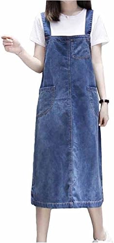 Elwow Women's Plus Size Denim Dungarees Pinafore Long Skit Dress Bifurcation Design