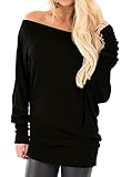 NuoReel Womens Casual Lightweight Off Shoulder Shirring Solid Dolman T-Shirt Drape Long Sleeve Blouse Top (Large Black)