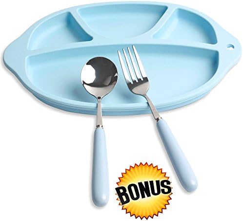 3-Piece Toddler Divided Plate Set - Includes Silicone Divider Plate, FREE Kid's Spoon and Fork Set - 100% Food Grade BPA Free, Unbreakable, Anti-Slip. Perfect Food Plate for Kids &amp; Elderly (Blue)